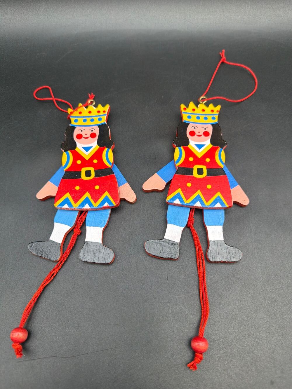 Vintage Wood Jumping Jack Queen Ornaments Pair Pull String Articulated Folk Art